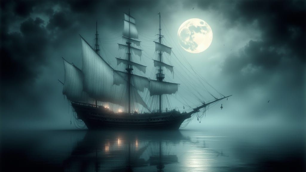 Ethereal Ghost Ship on Moonlit Sea: Antique Watercolor