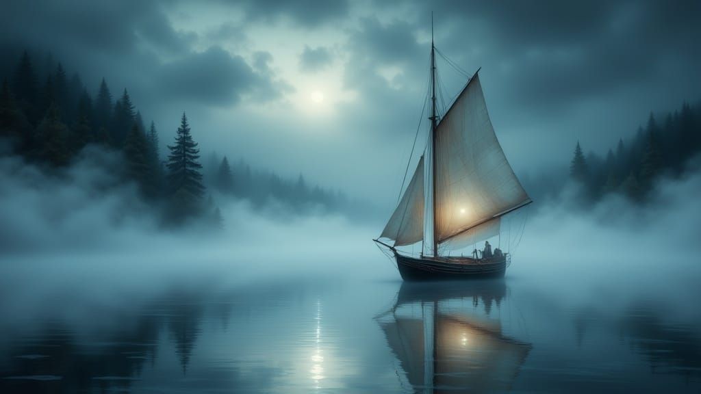 Ethereal Ghost Ship Sailing in Moonlit Fog