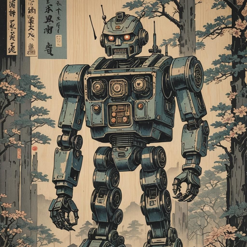 Robot in Japanese Woodblock Style