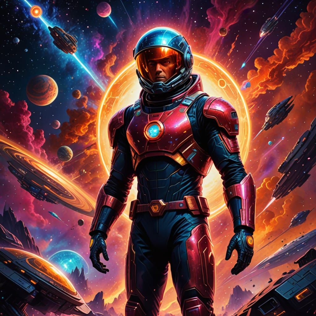 Retro Futuristic Space Hero in Cosmic Holographic Aura