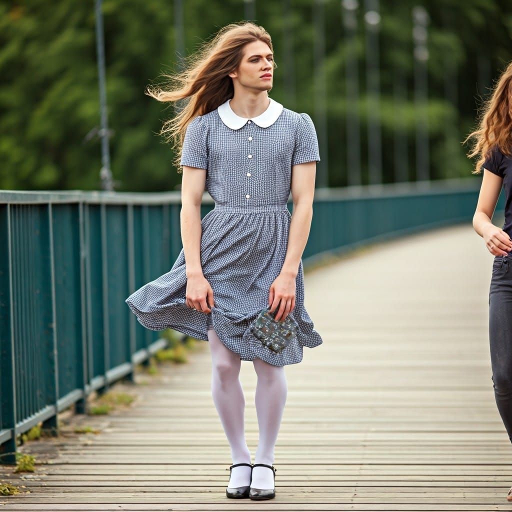 Youthful Transgender Man Struggles with Wind on Bridge