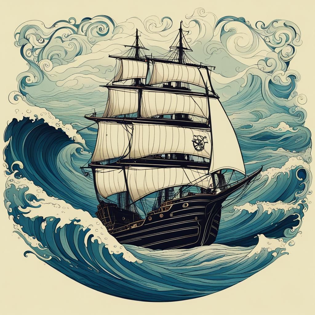 Sailing Ship Amidst Waves and Mermaids