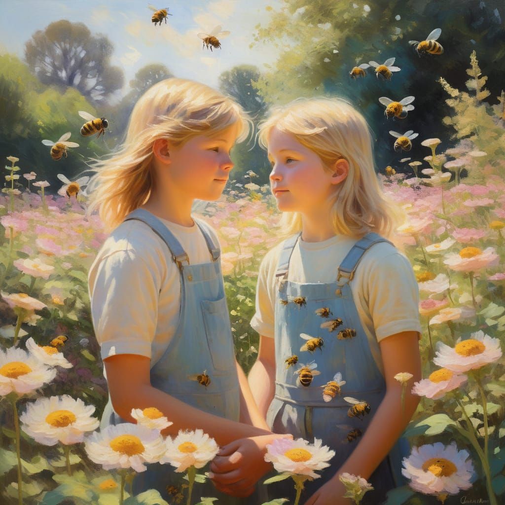 Blond Boy and Ojibwe Girl in a Whimsical Garden