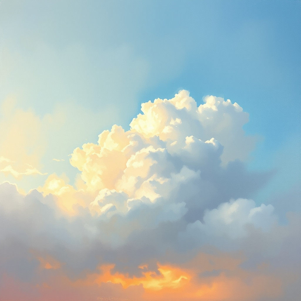 Misty Clouds in Serene Sky: Oil Painting Style