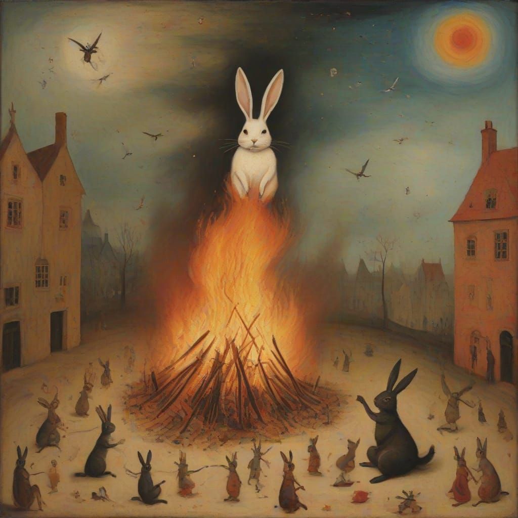 Fiery Rabbit Amidst Musical Chaos, Ensor & Klee Inspired