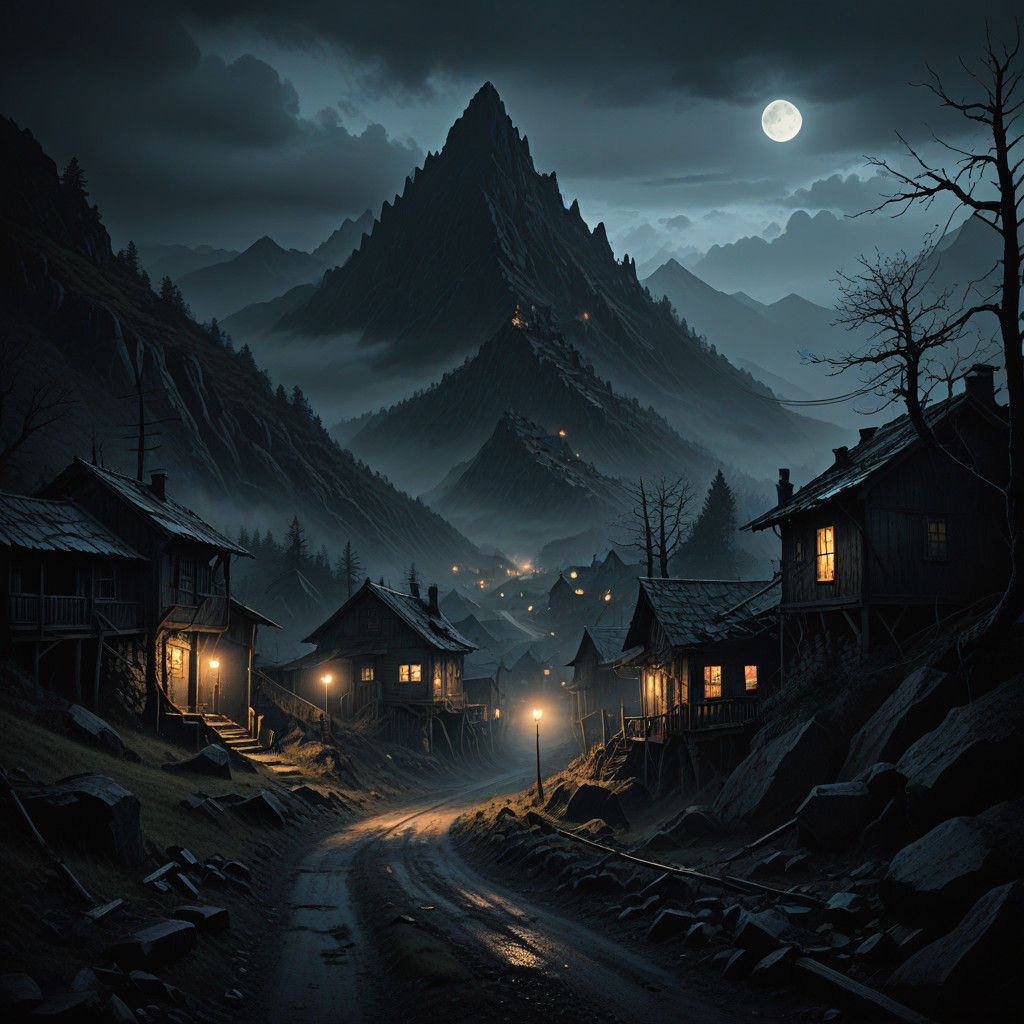 Ominous Mountain Village Under Golden Lights