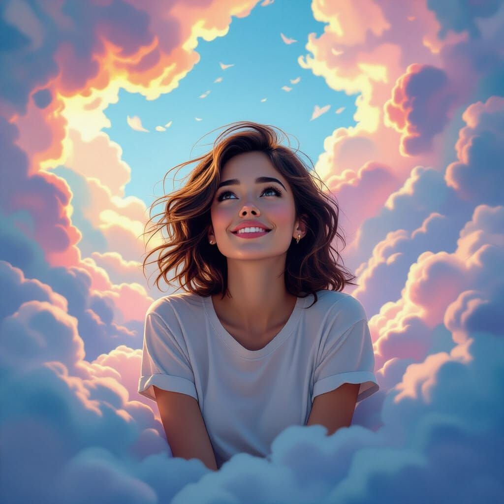 Woman Embodies Zeitgeist Amidst Iridescent Clouds