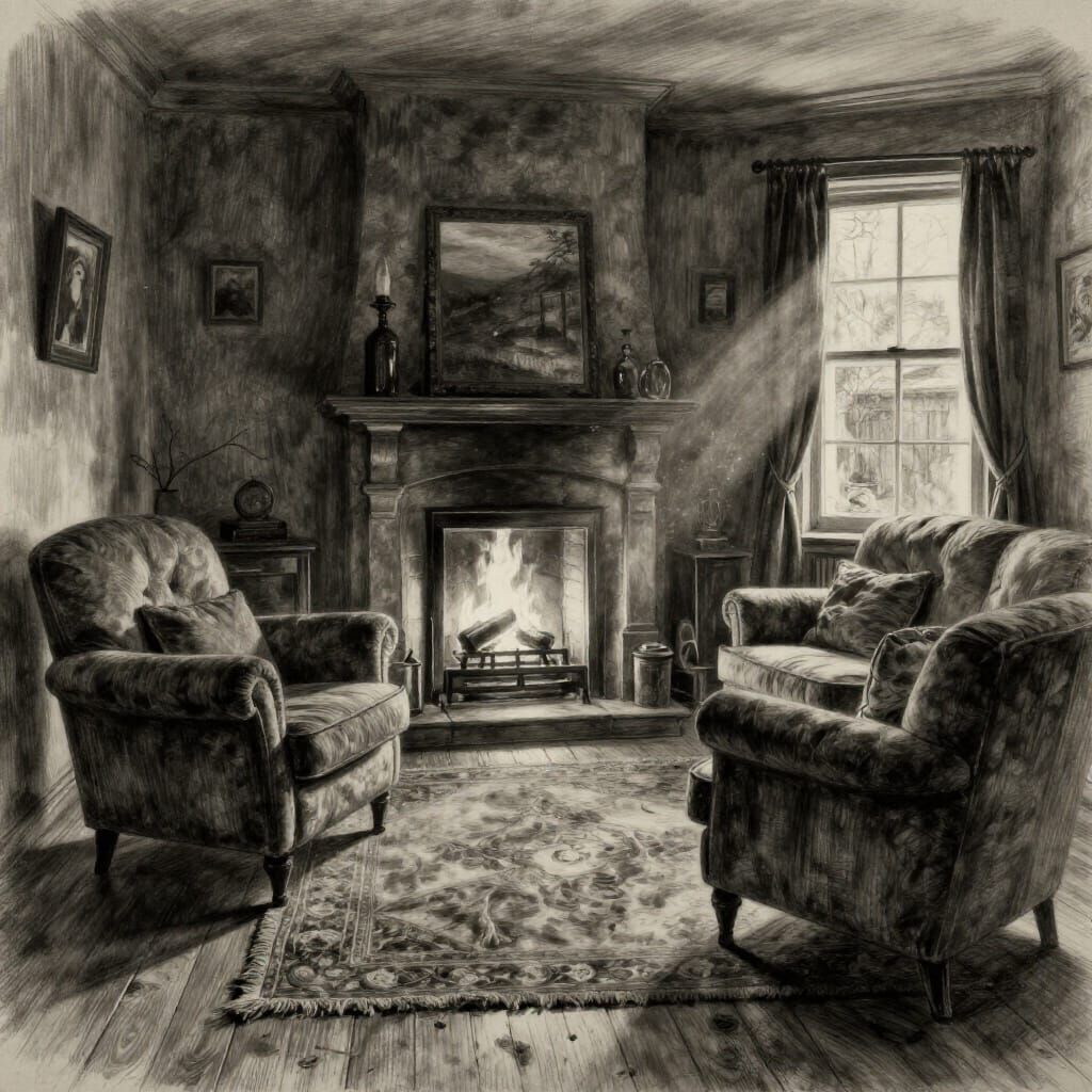 Hyperdetailed Charcoal Drawing of a Cozy Living Room