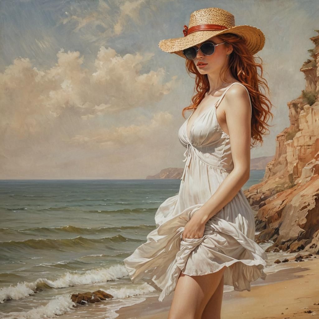 Glamorous Redhead at the Beach: Oil Painting