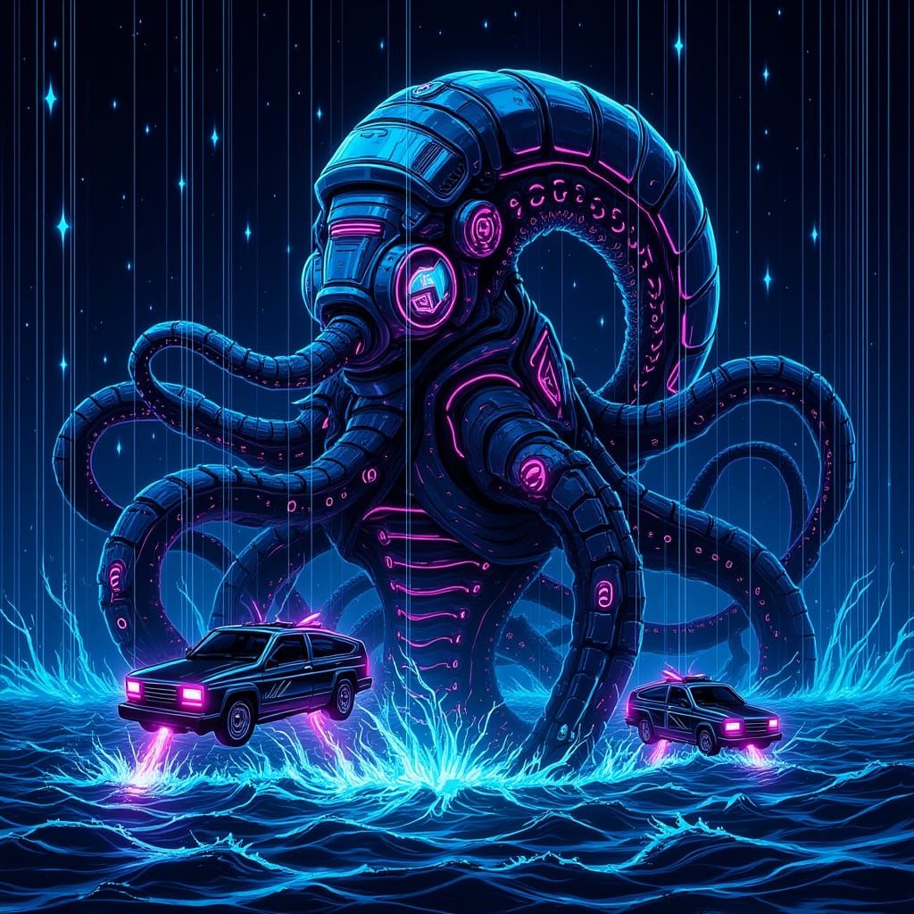 Cyberpunk Kraken Emerges from Neon Ocean Depths
