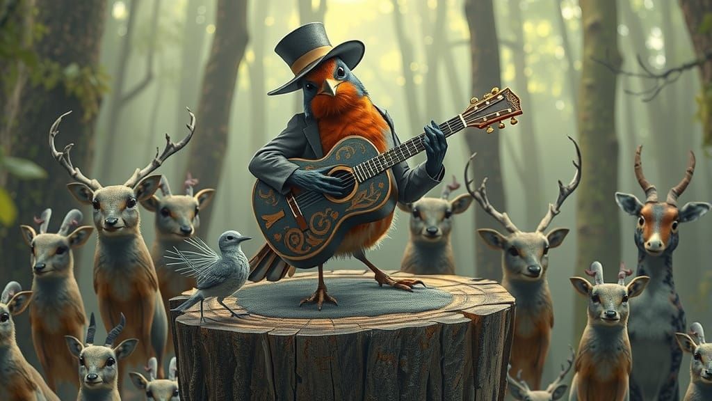 Robin in Suit Plays Guitar for Forest Animals