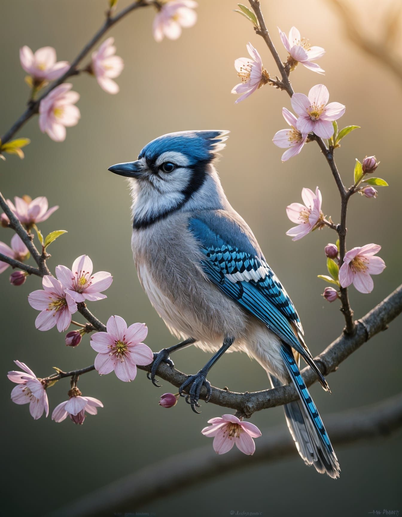 Majestic Blue Jay Perched on Flowering Branch