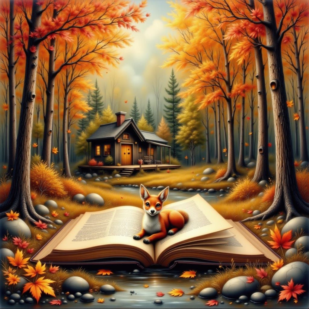 Tiny Cabin on Open Book Pages with Autumn Forest