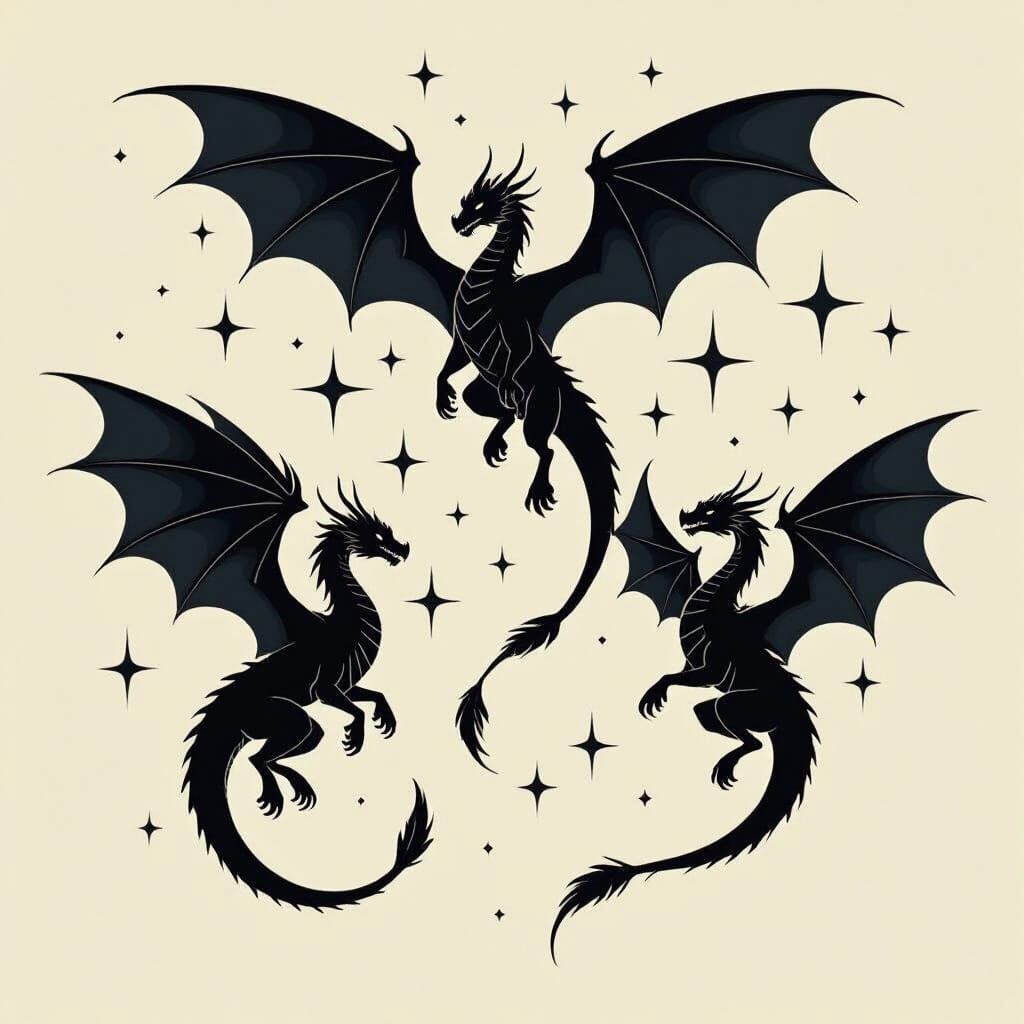 Three Silhouetted Winged Dragons in Flight with Sparkles