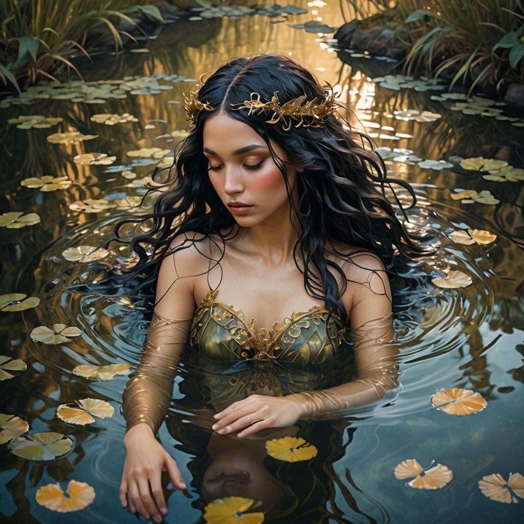 Enchanting Nymph in Mystical Pond, Art Nouveau Style