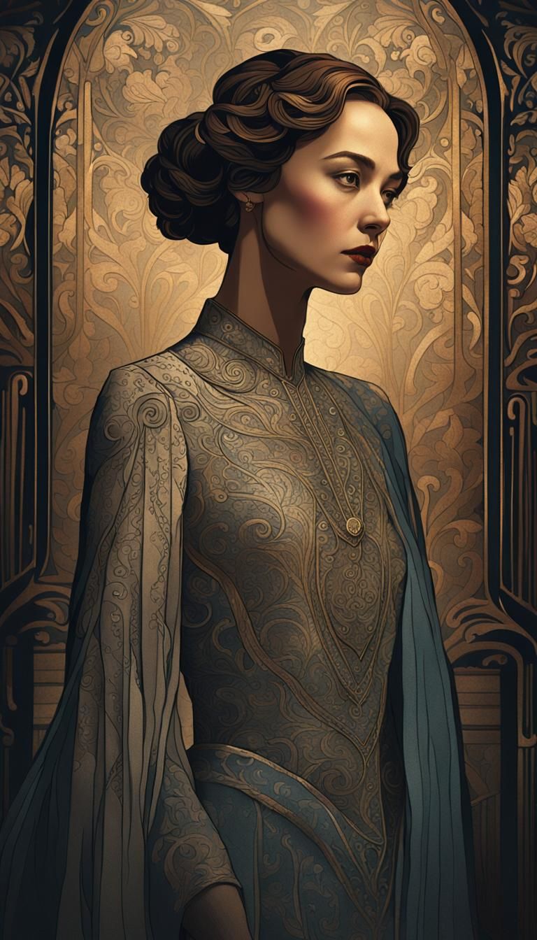 Elegant Woman in Gown: Art Nouveau Portrait