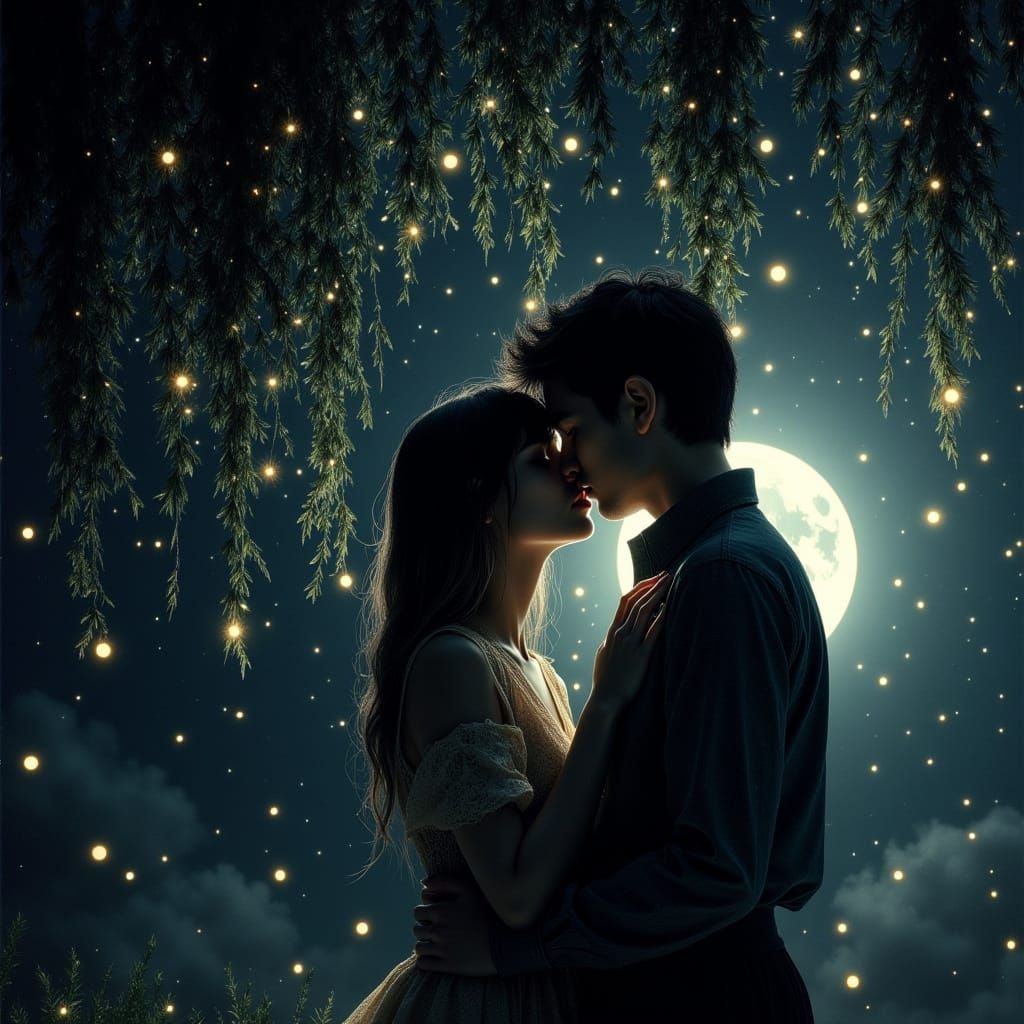 First Kiss Under Full Moon Cinematic Photo