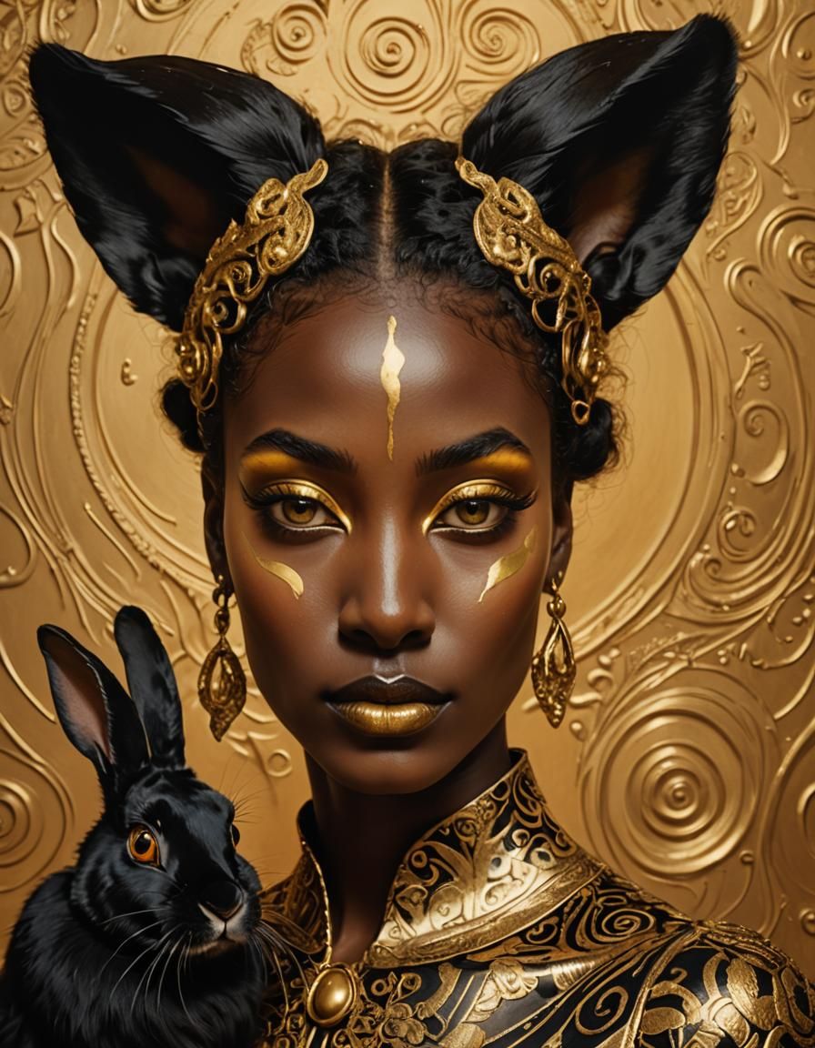 Surreal Portrait: Woman and Rabbit in Gold