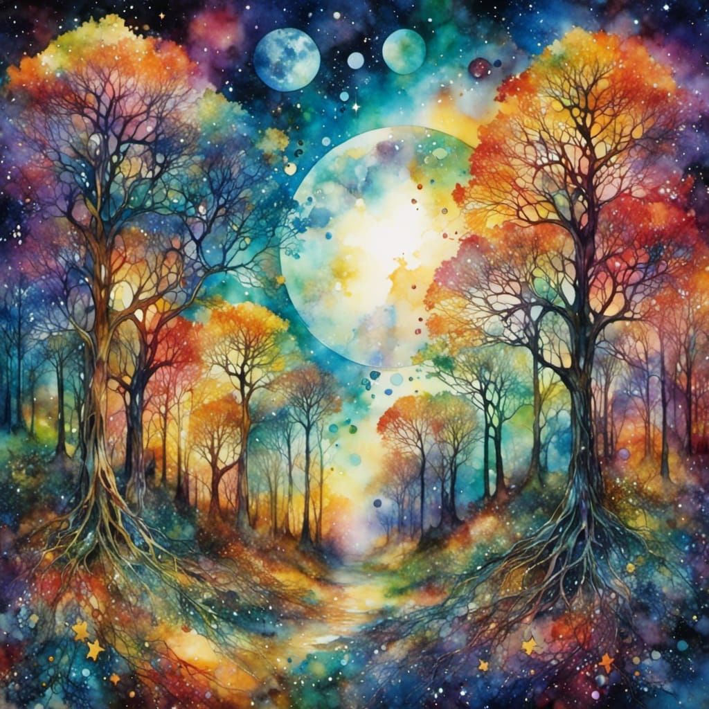 Cosmic Woodland: Celestial Trees in Surrealist Style