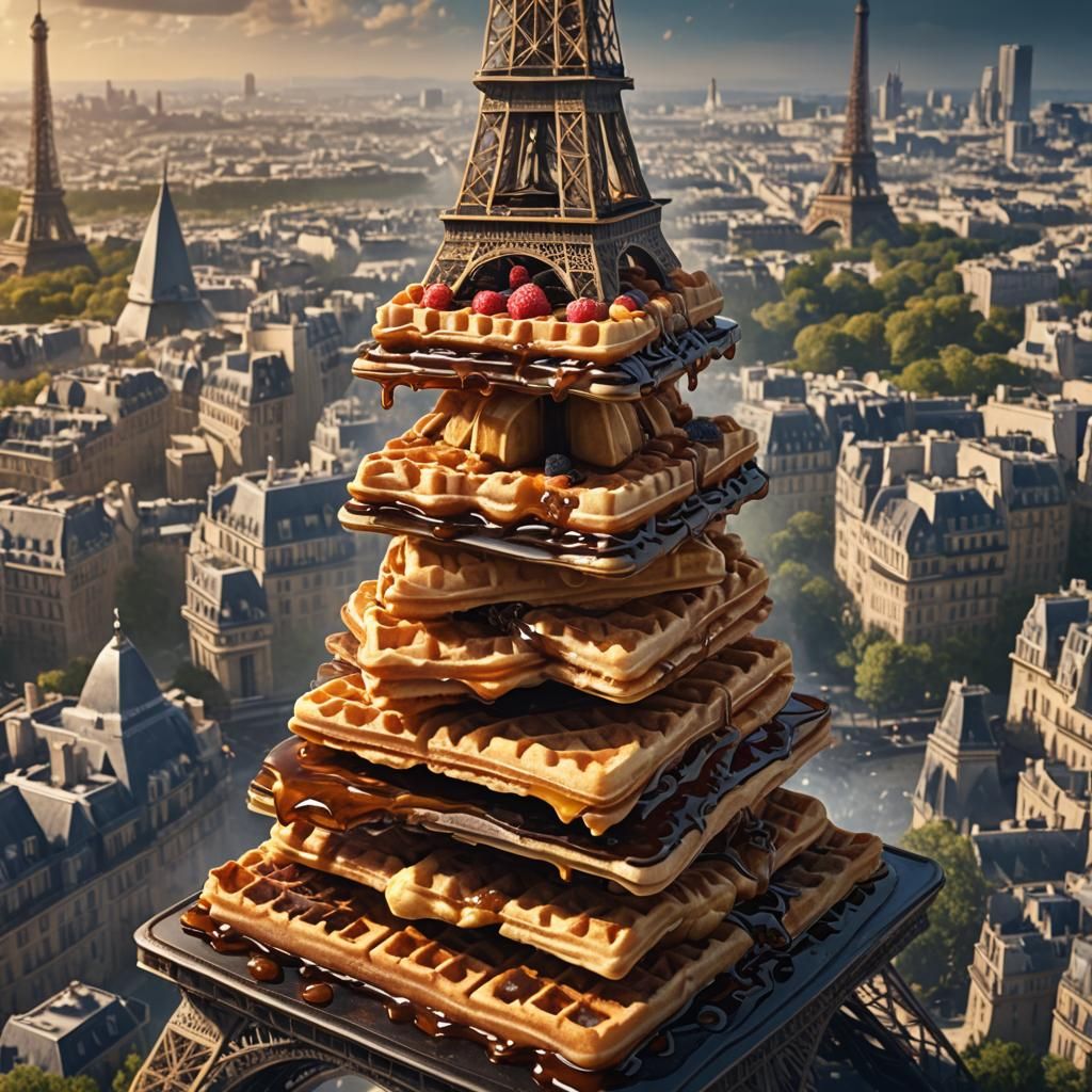 Eiffel Tower Topped with Giant Waffle Stack