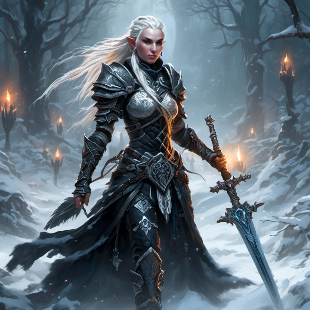 Elf Warrior in Snowy Landscape, Digital Art