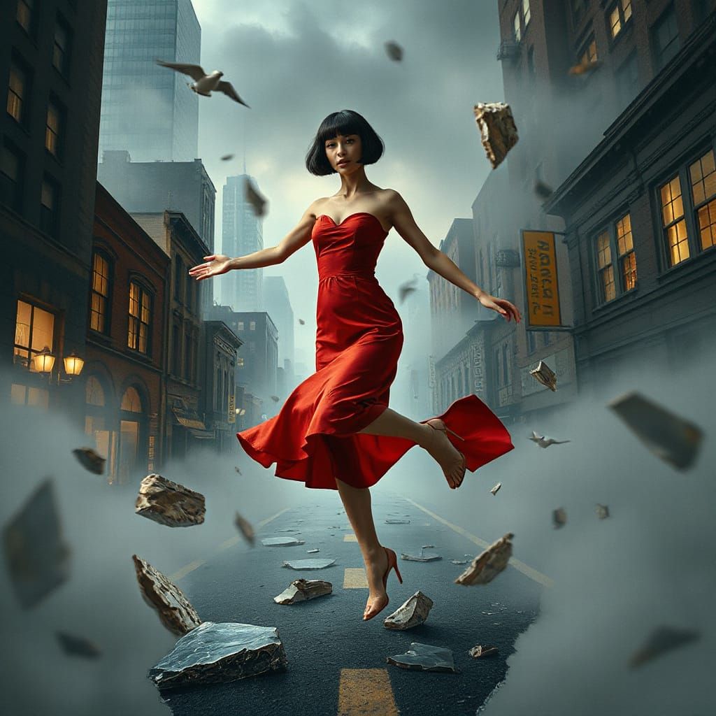 Woman Leaps Through Shattered City in Digital Painting Style