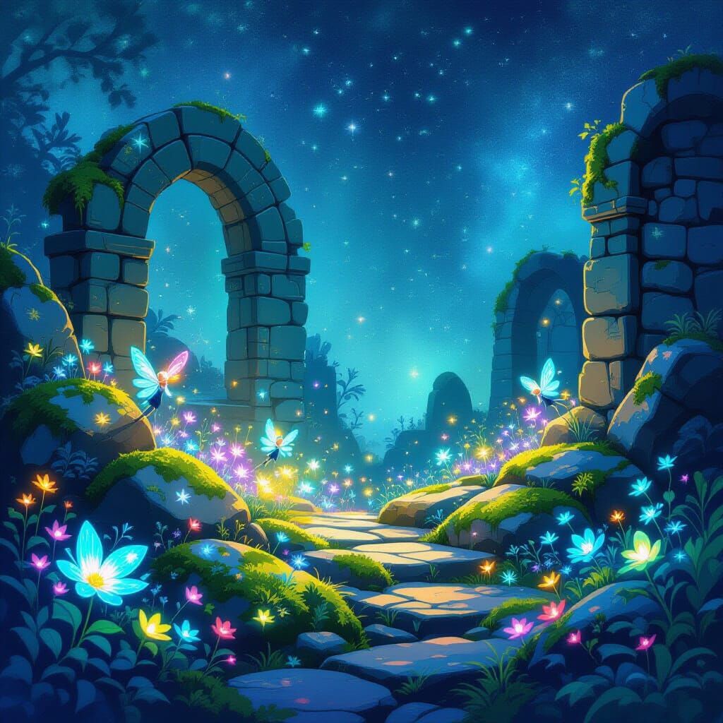 Bioluminescent Flora and Sprites in Watercolor Style