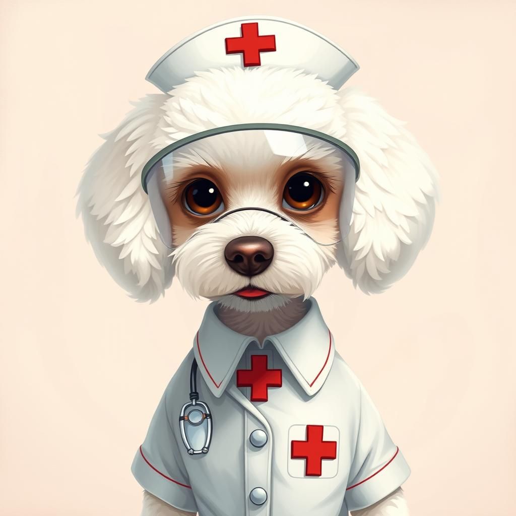 Poodle Nurse in Stylized Realism with Face Shield