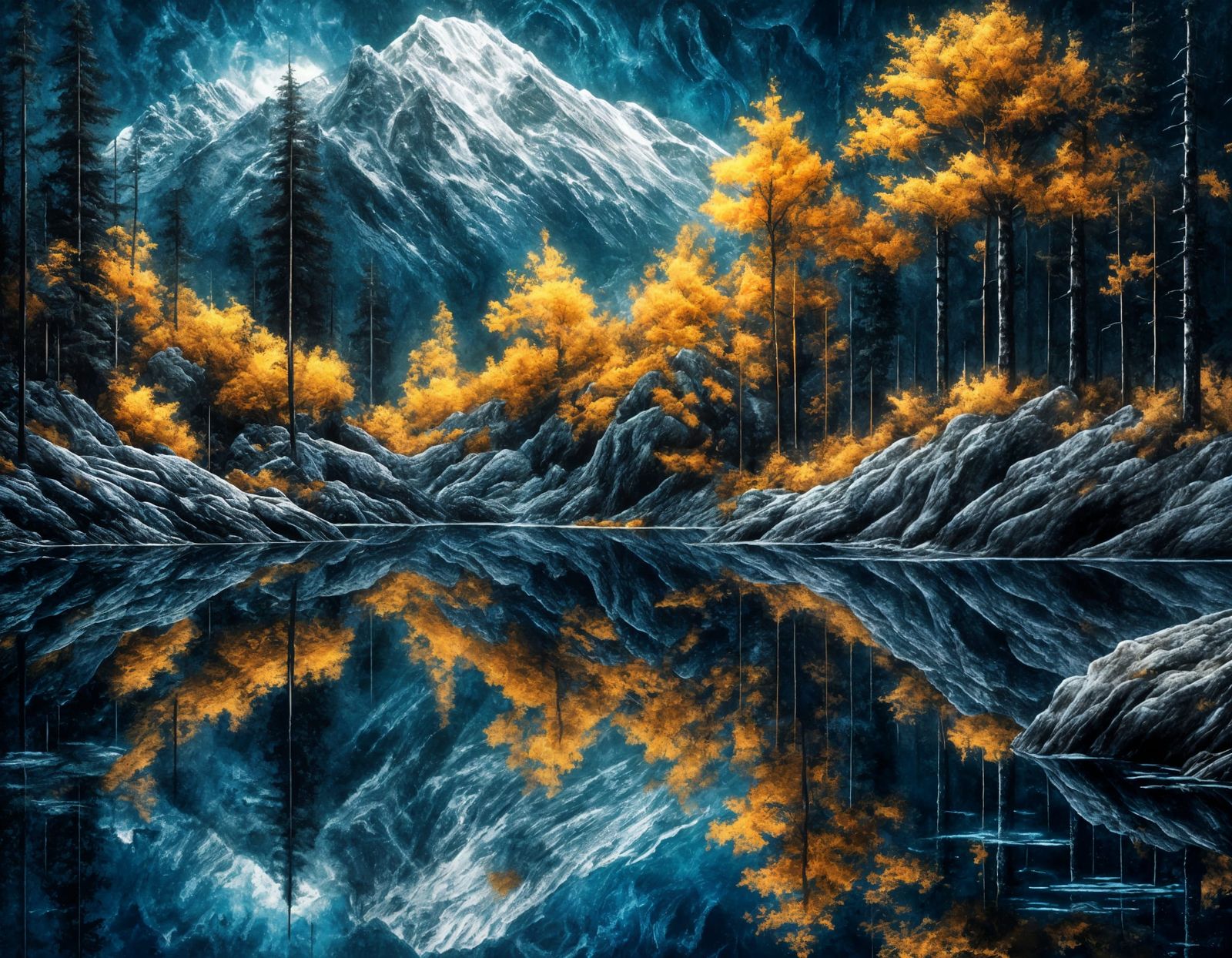 Cycladic Mountainscape Reflected at Night with Marbling Effe...