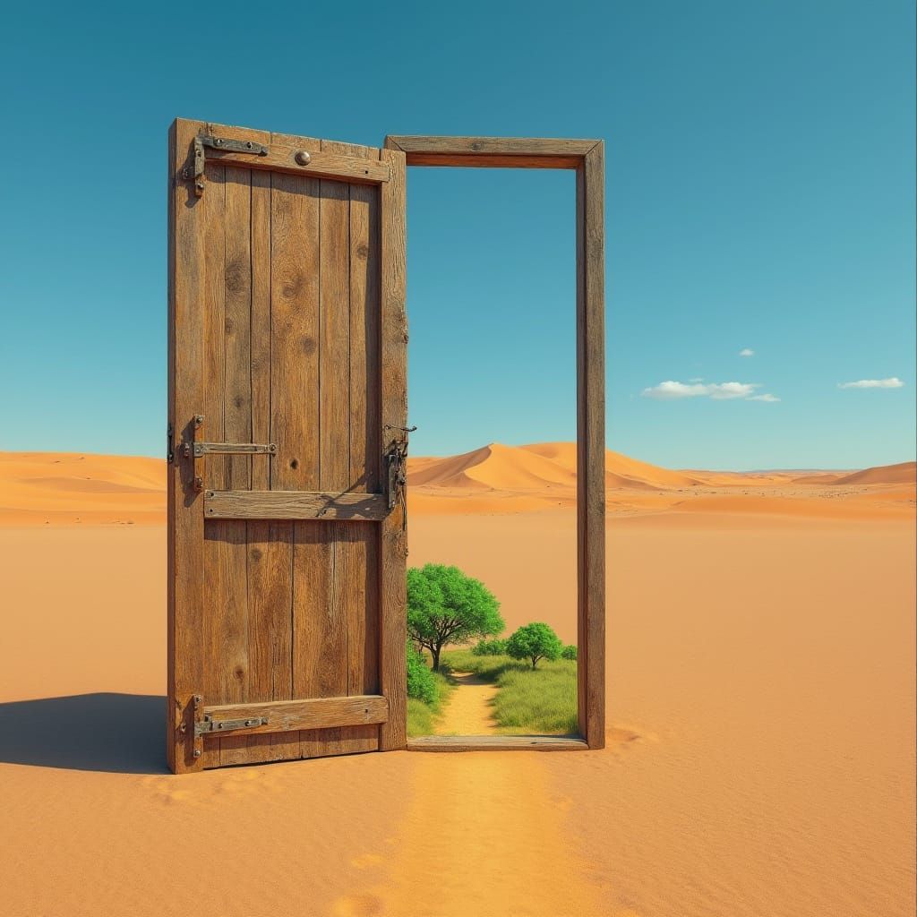 Surreal Desert Door Reveals Oasis, Dreamlike Style