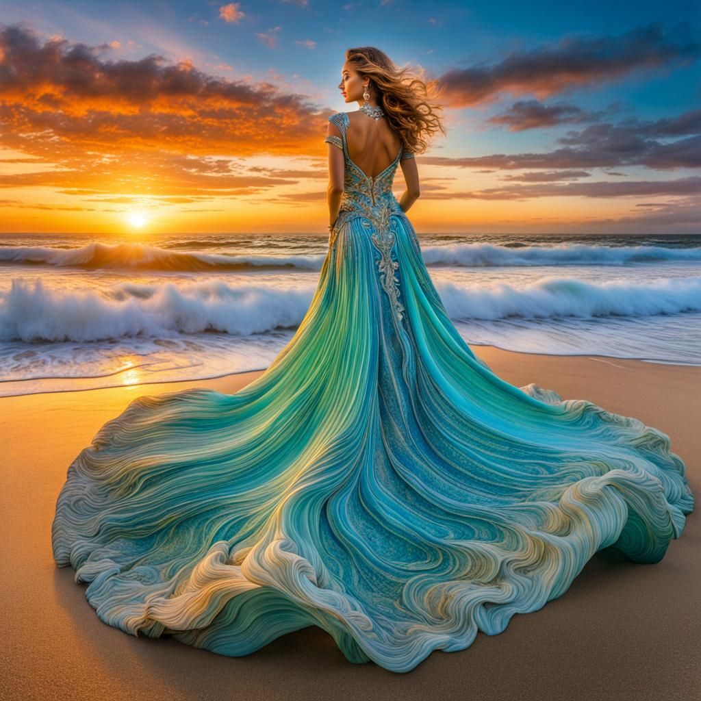 Sunset Seafoam Waves Form Lady on Beach