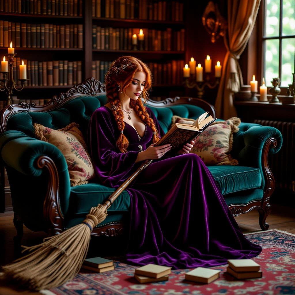 Cozy Witch Reading Spellbook on Vintage Sofa