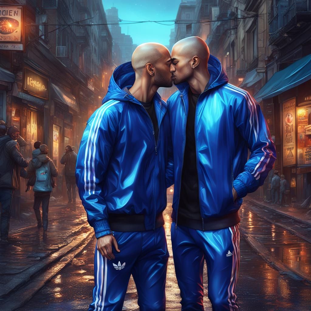 Two Men Kissing in Shiny Blue Tracksuits