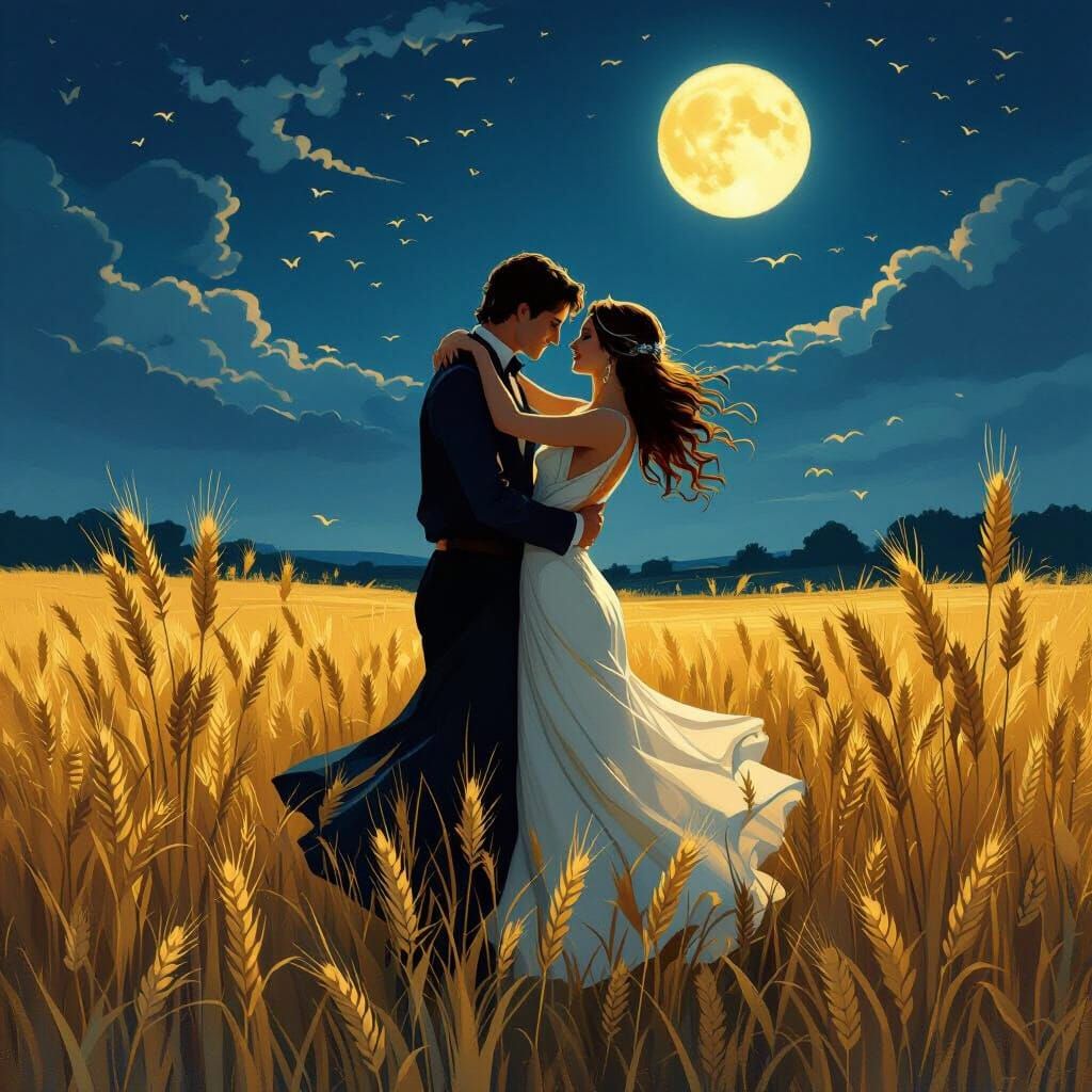 Couple Dancing Under Harvest Moon, Art Nouveau Style