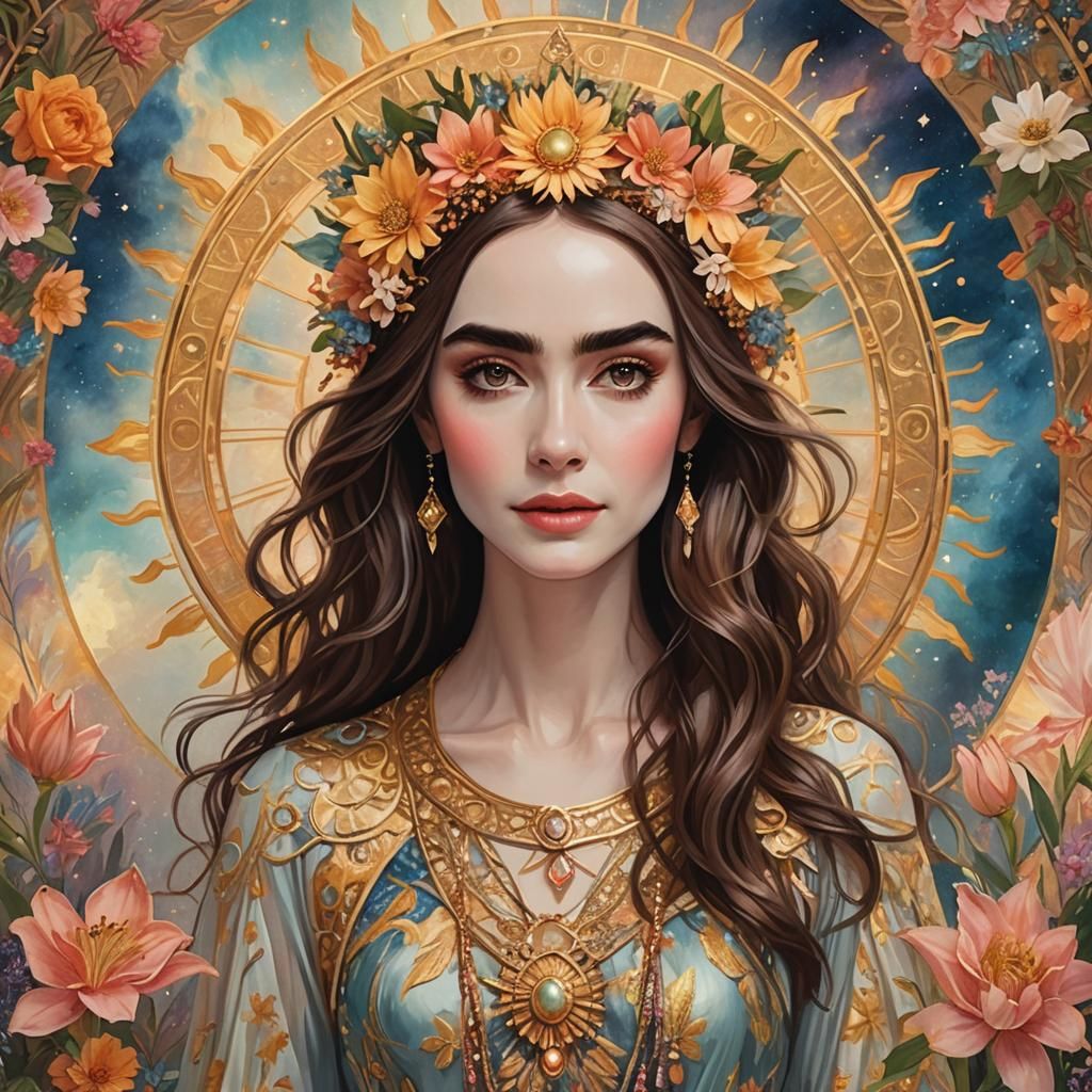 celestial young woman sun goddess looks like lilly collins. ...