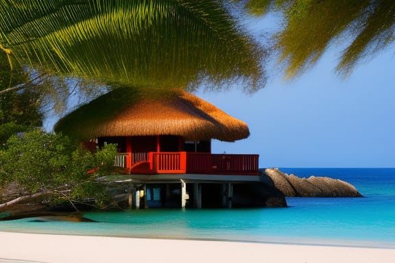 Subject: Small red,yellow and white cabin on a tropical island beach - 3954