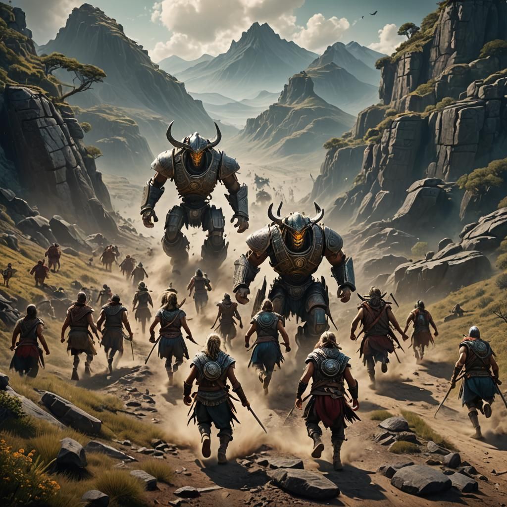 Vikings Escape Robot on Aztec Mountain, Detailed Matte Paint...