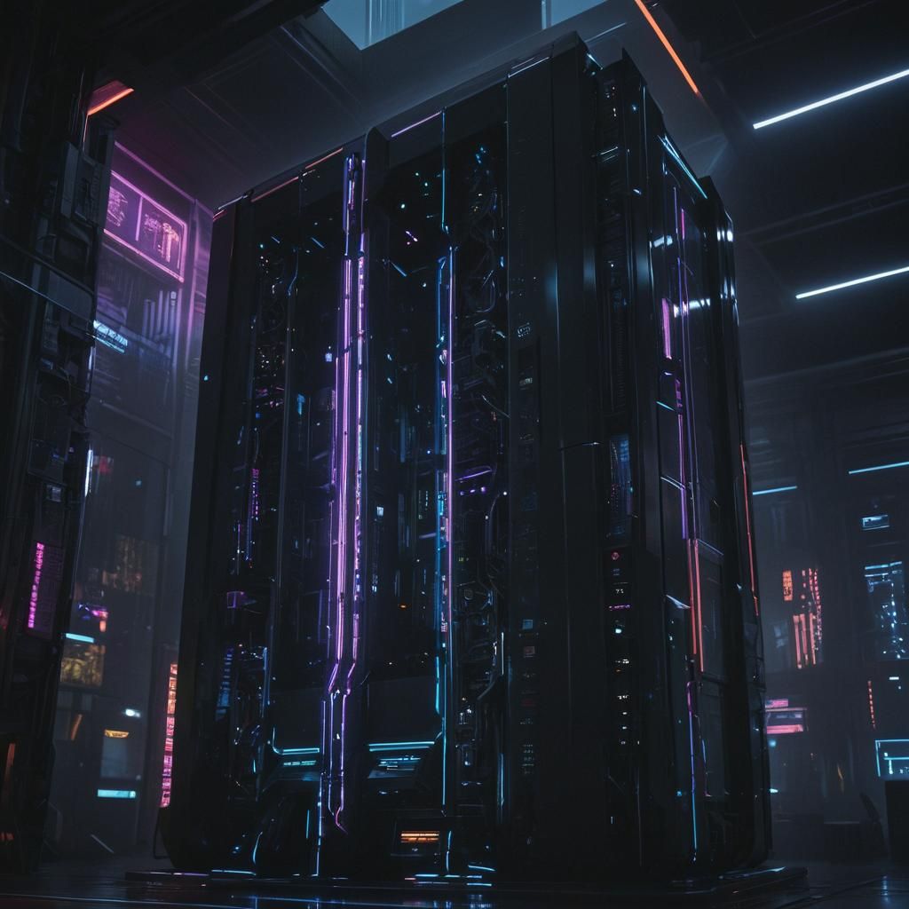 Futuristic Computer Mainframe in Neon-Noir Cyberpunk Style
