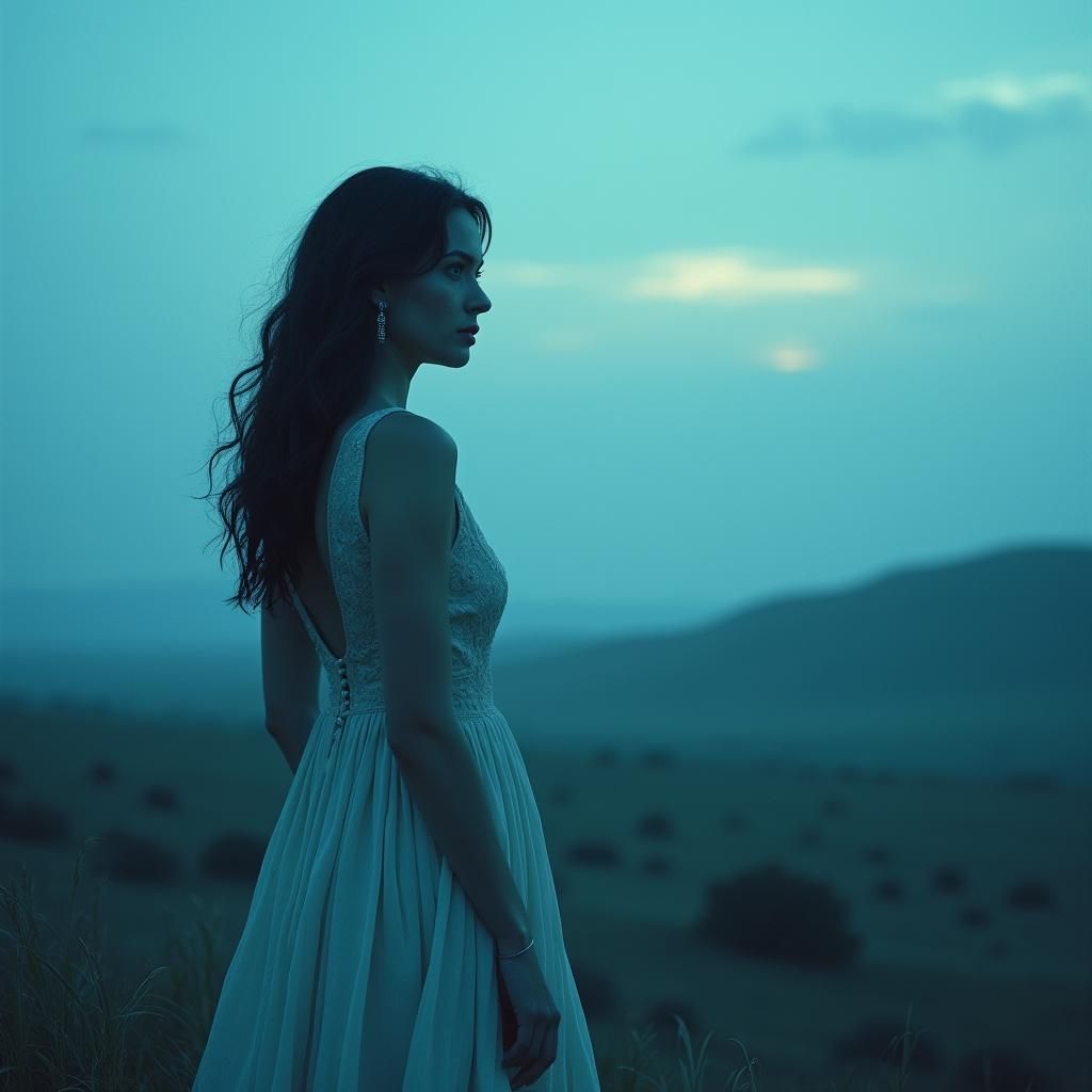 Cowgirl in Blue Landscape: Dreamy Cinematic Film Still