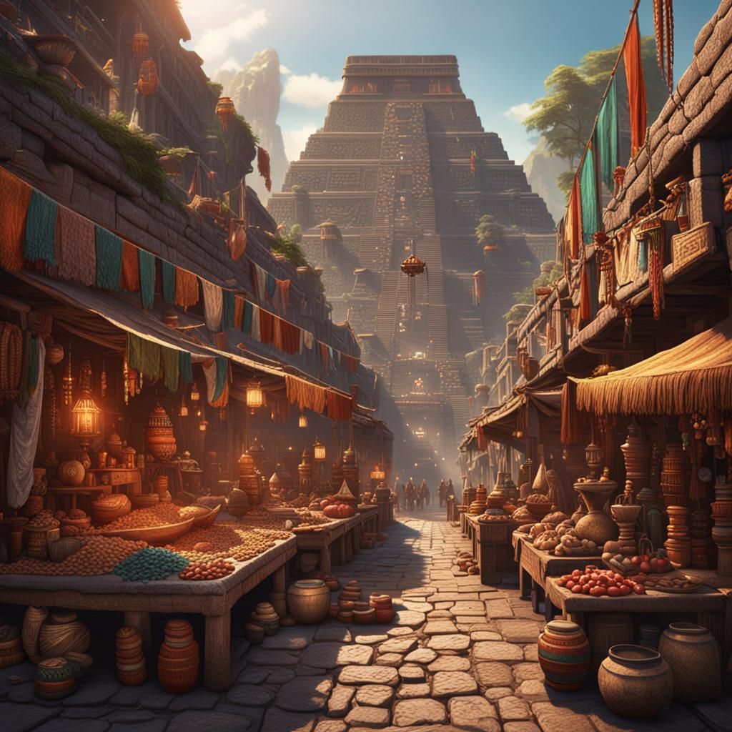 Aztec Market in the Information Age: Detailed Concept Art