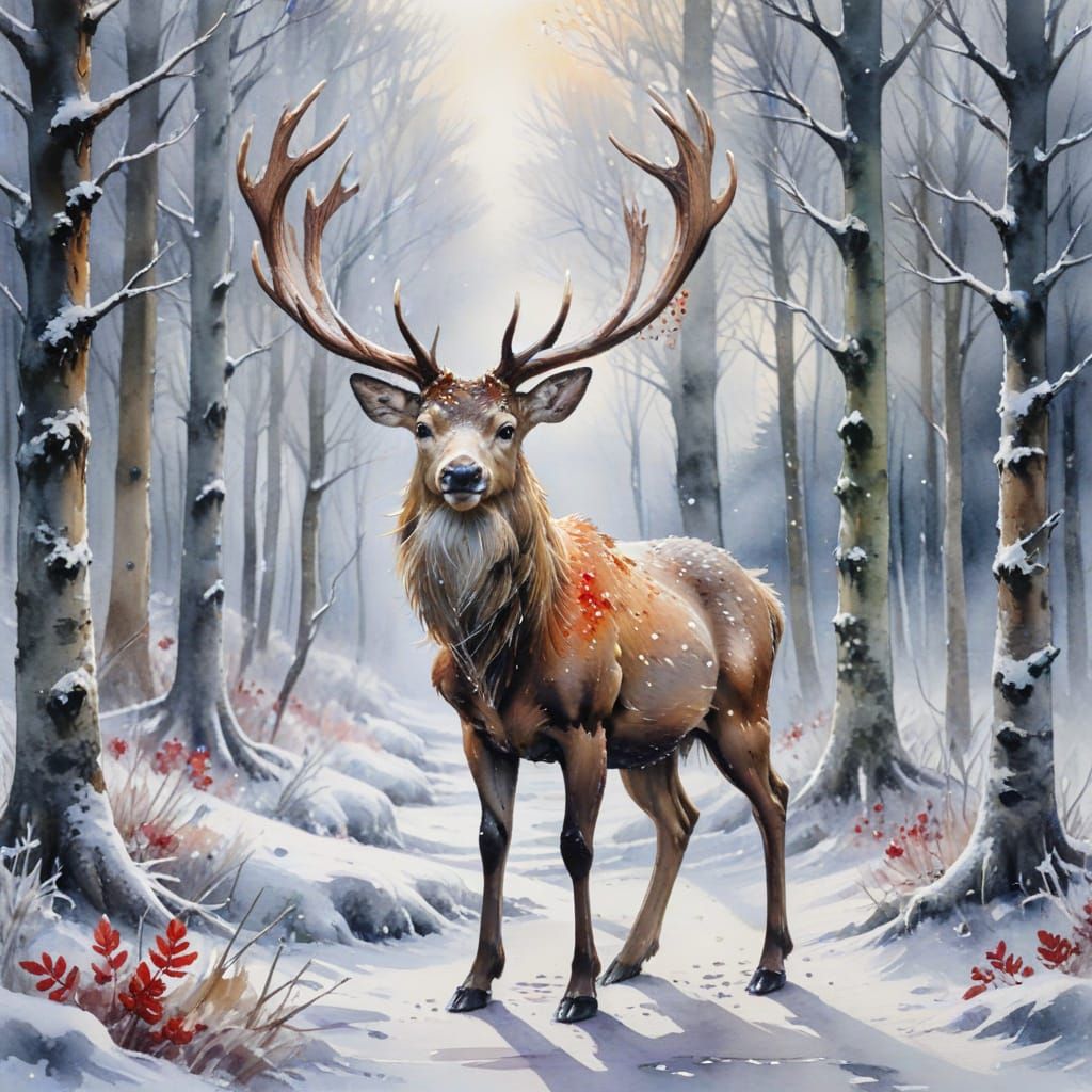 Mystic Stag on Frosted Path as Watercolour