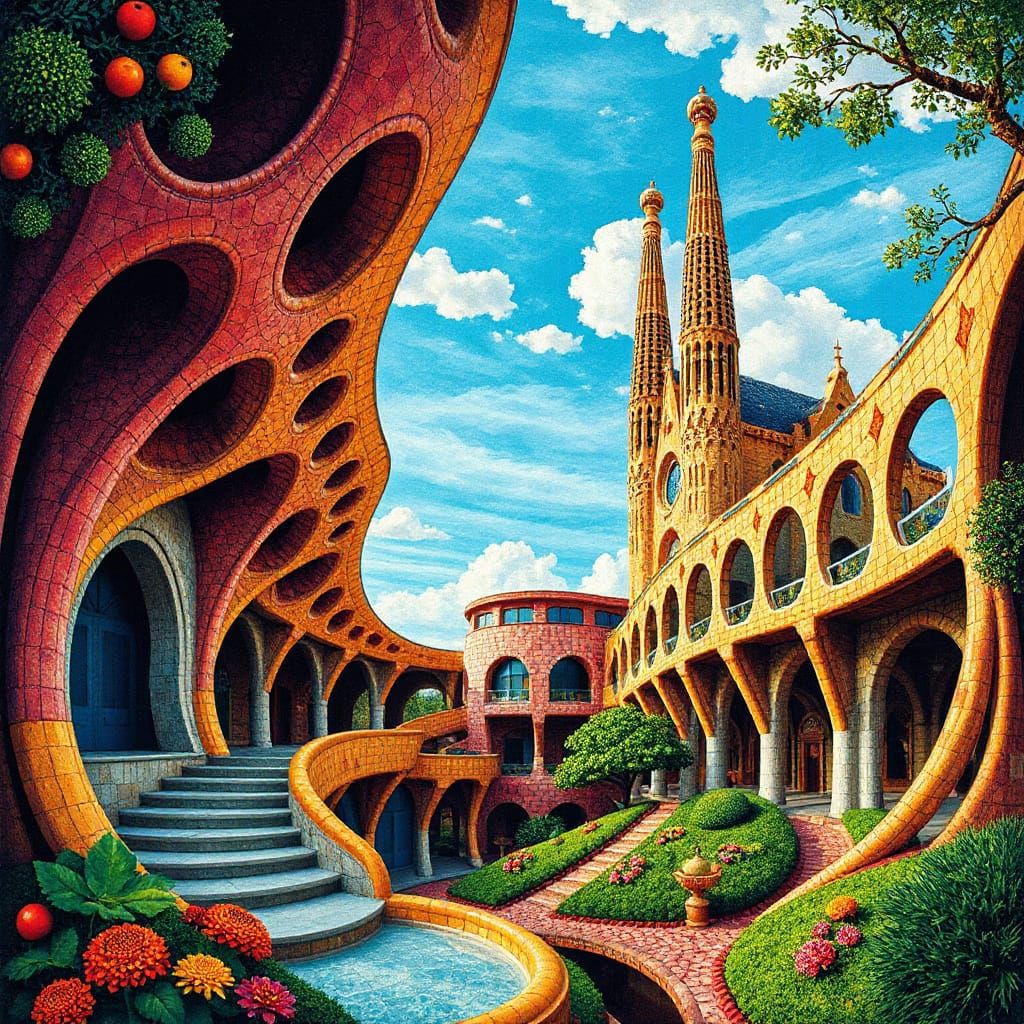 Surreal Architectural Dreamscape in Vibrant Gothic Art Nouve...