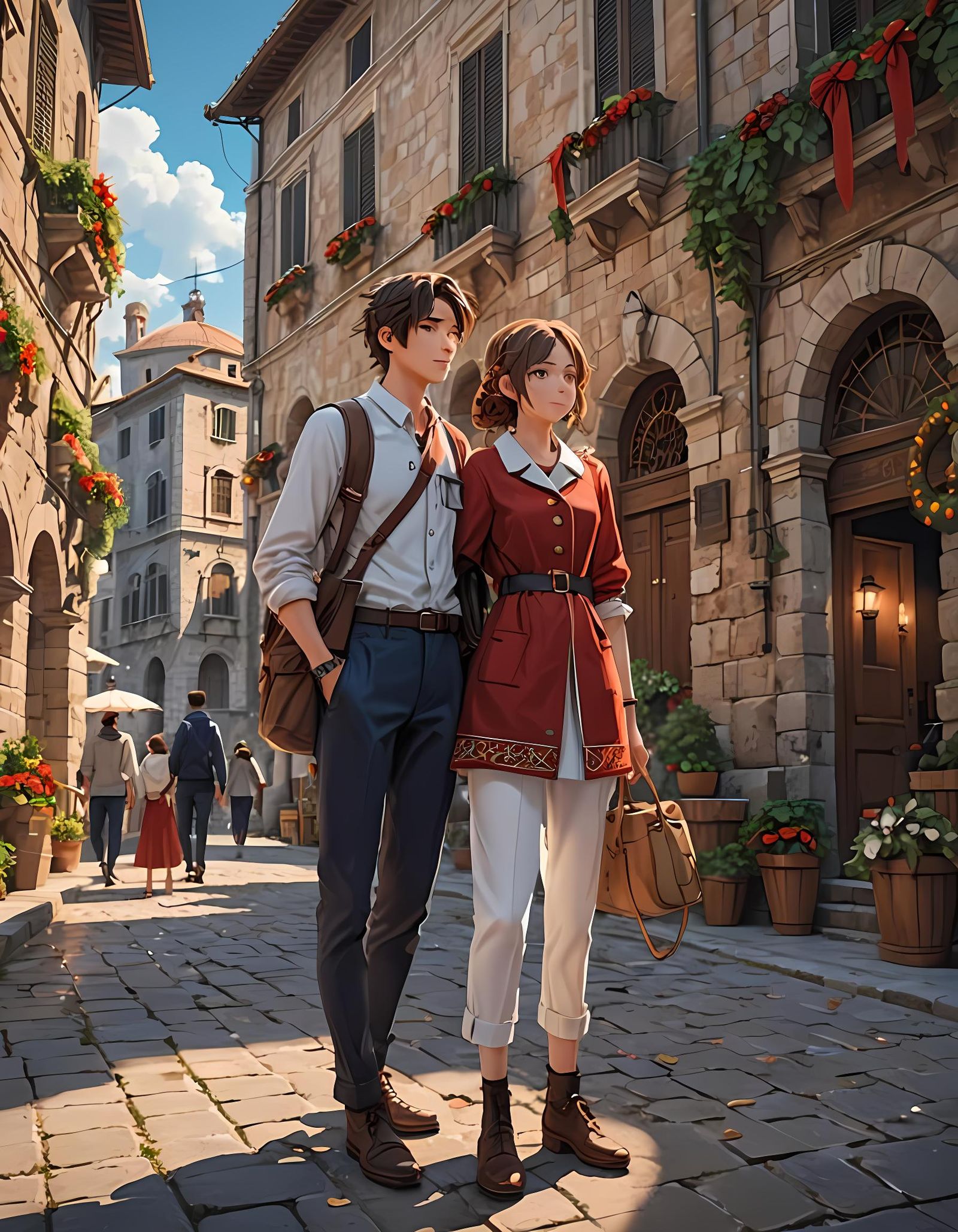 Couple Exploring Italy in 3D Anime Art Style