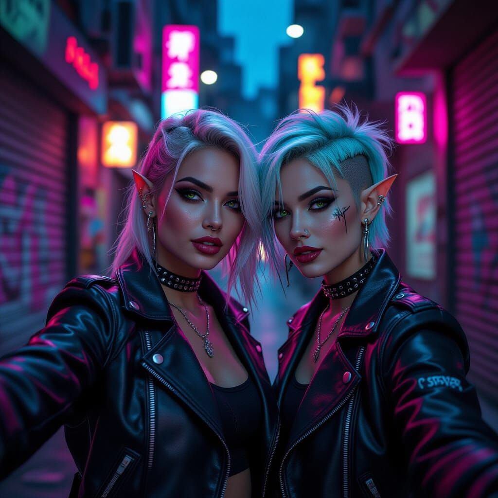 Cyberpunk Witch and Elf Selfie in Neon Alley