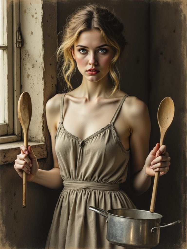 Elegant Woman in Vintage Kitchen