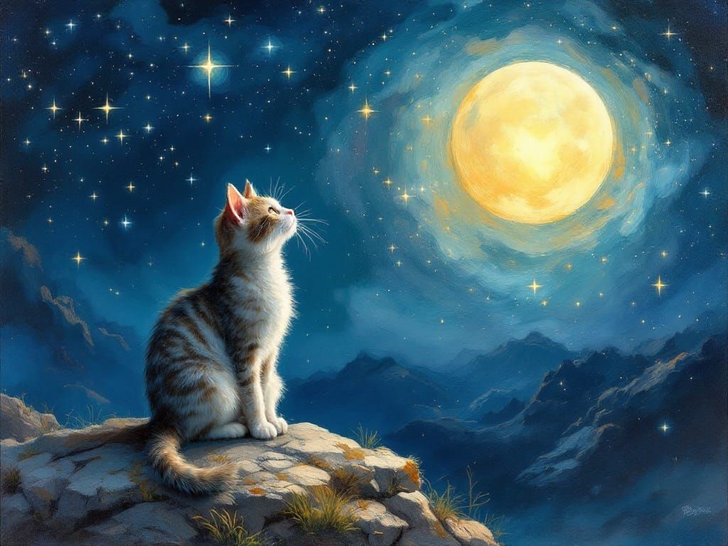 Dreamy Feline Amidst Celestial Majesty in Oil Painting
