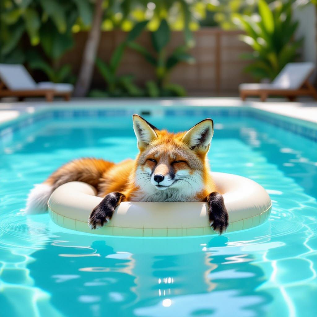 Relaxed Fox Bathing in Sunny Pool