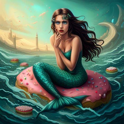 Blue Mermaid on Doughnut, Detailed Digital Painting