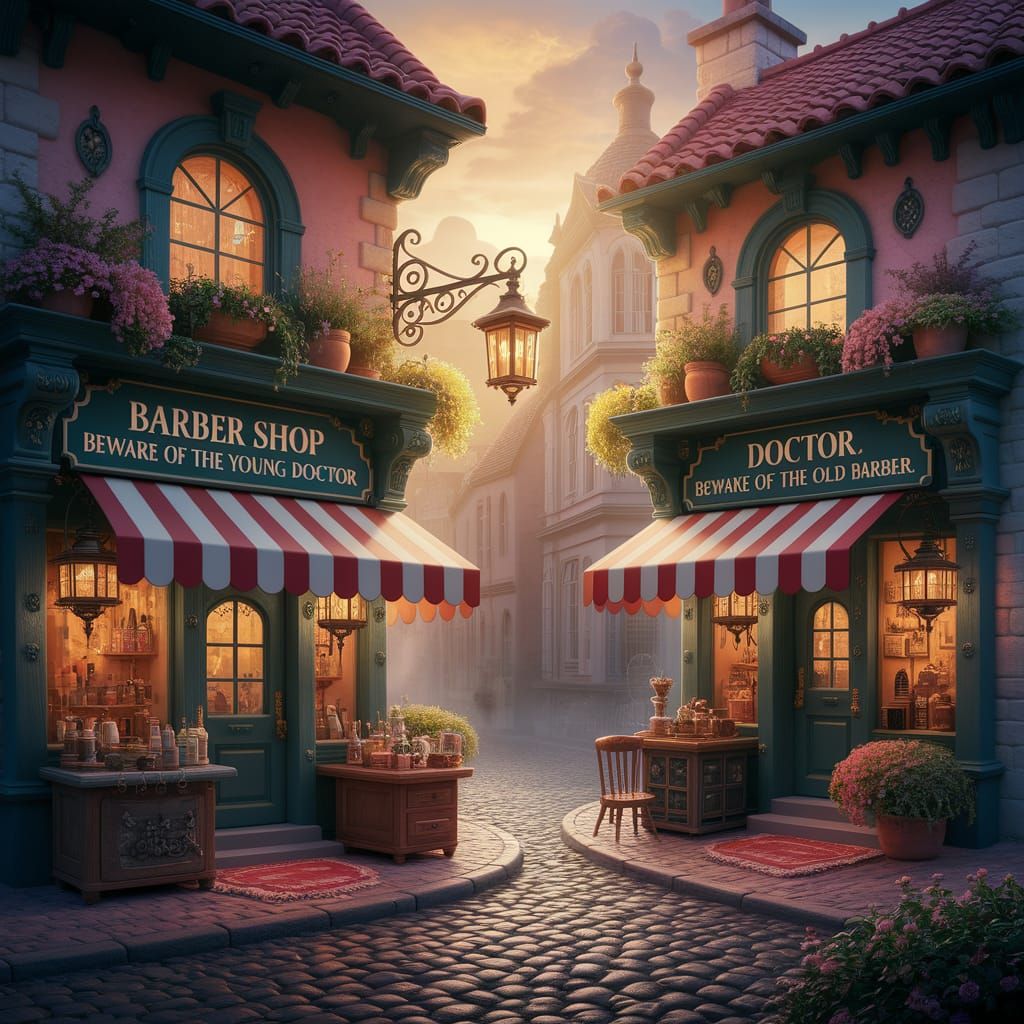 Charming Cobblestone Street Scene with Whimsical Barber and ...