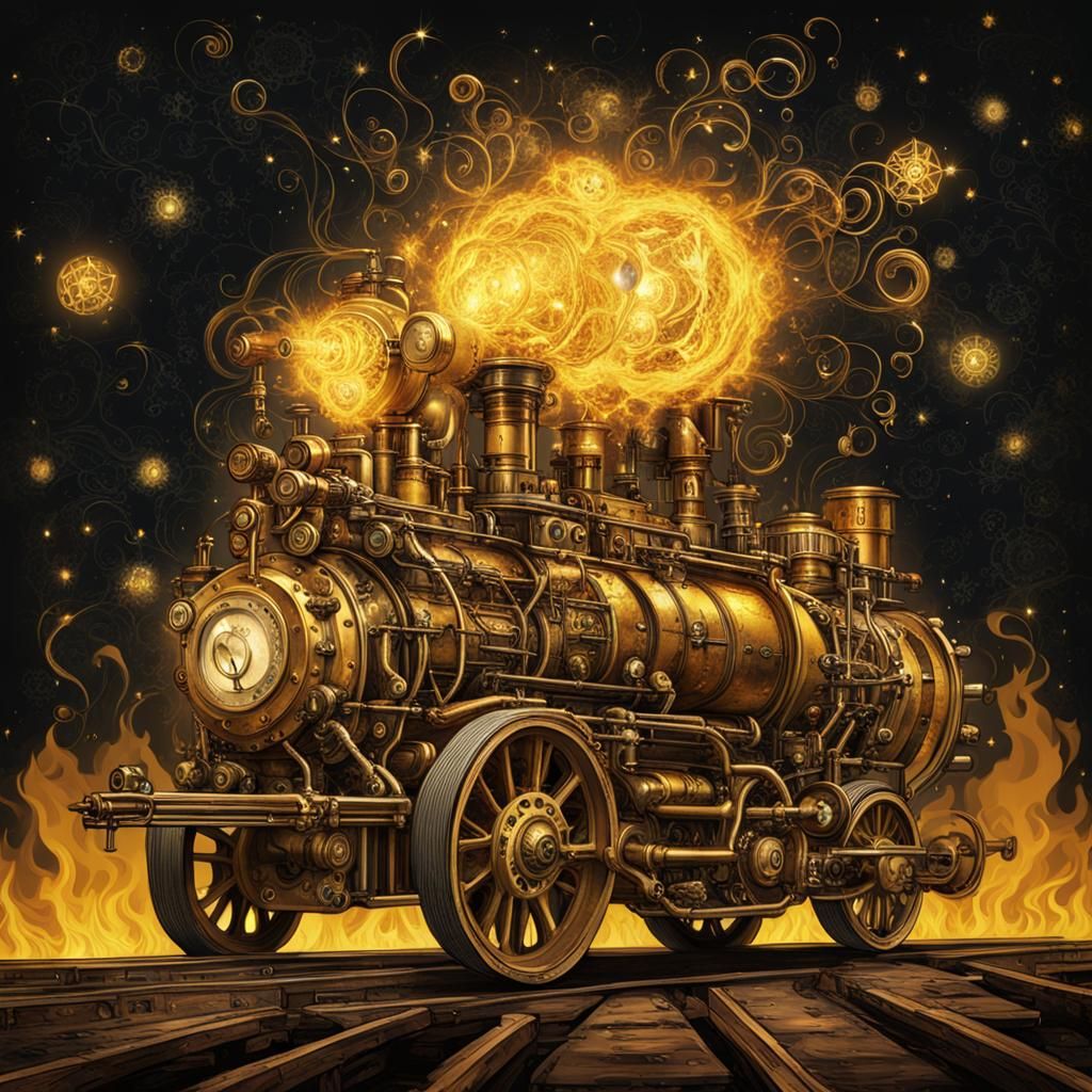 Steampunk Engine with Exploding Yellow Roman Candles